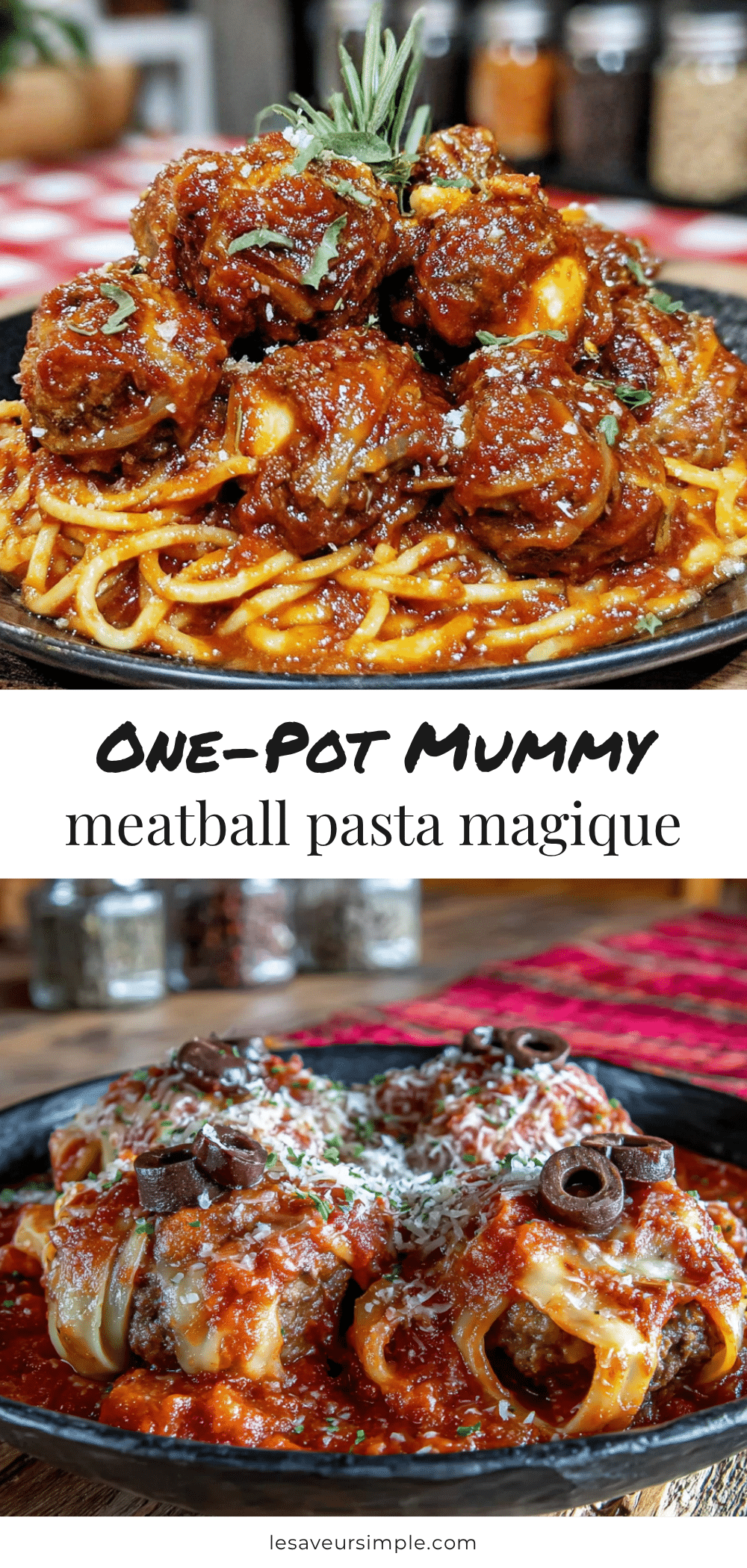 One-Pot Mummy Meatball Pasta Bake dHalloween recipe